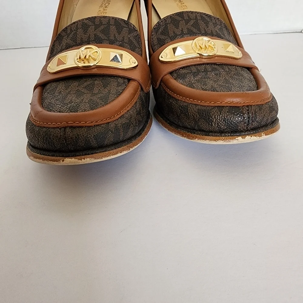 Michael Kors “Jackie” Monogram Canvas & Leather Block-Heel Loafer Size 7.5 M